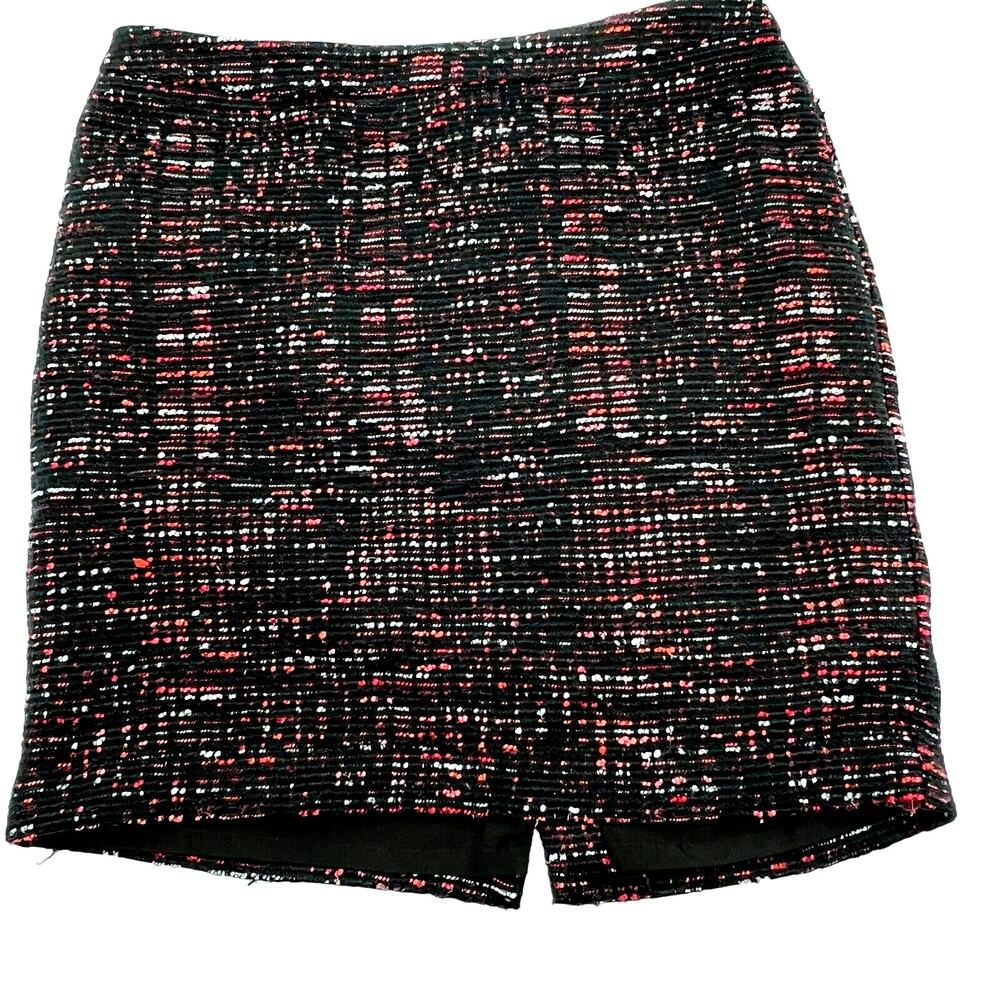 LOFT Skirt Size 10 Petite Black Red Tweed Knee Pencil Back Slit Academic Goth